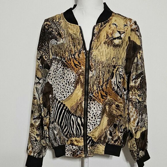 ATLANTIC BEACH Bomber Jacket Sz M 100%‎ Silk Lightweight Safari Animal Tiger